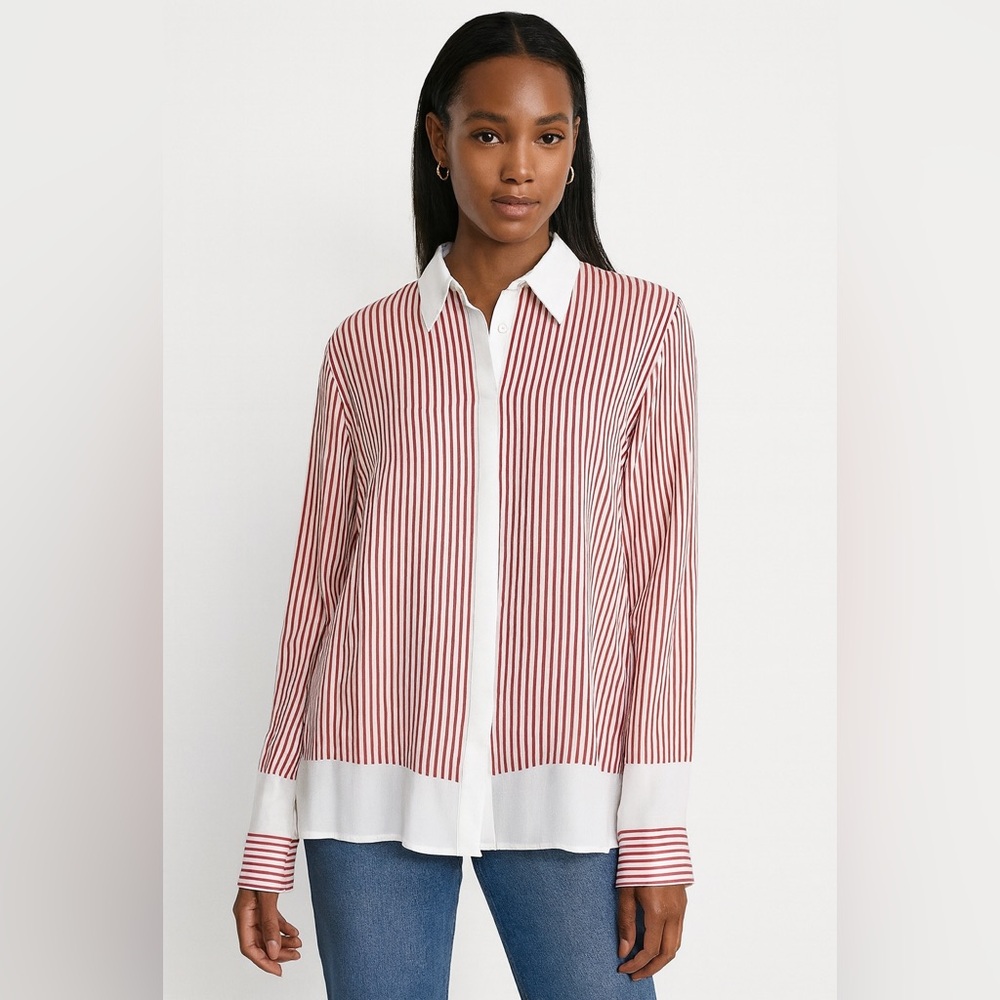 RIANI Red White Stripe Button down Shirt 8 Medium Like New Candystriper